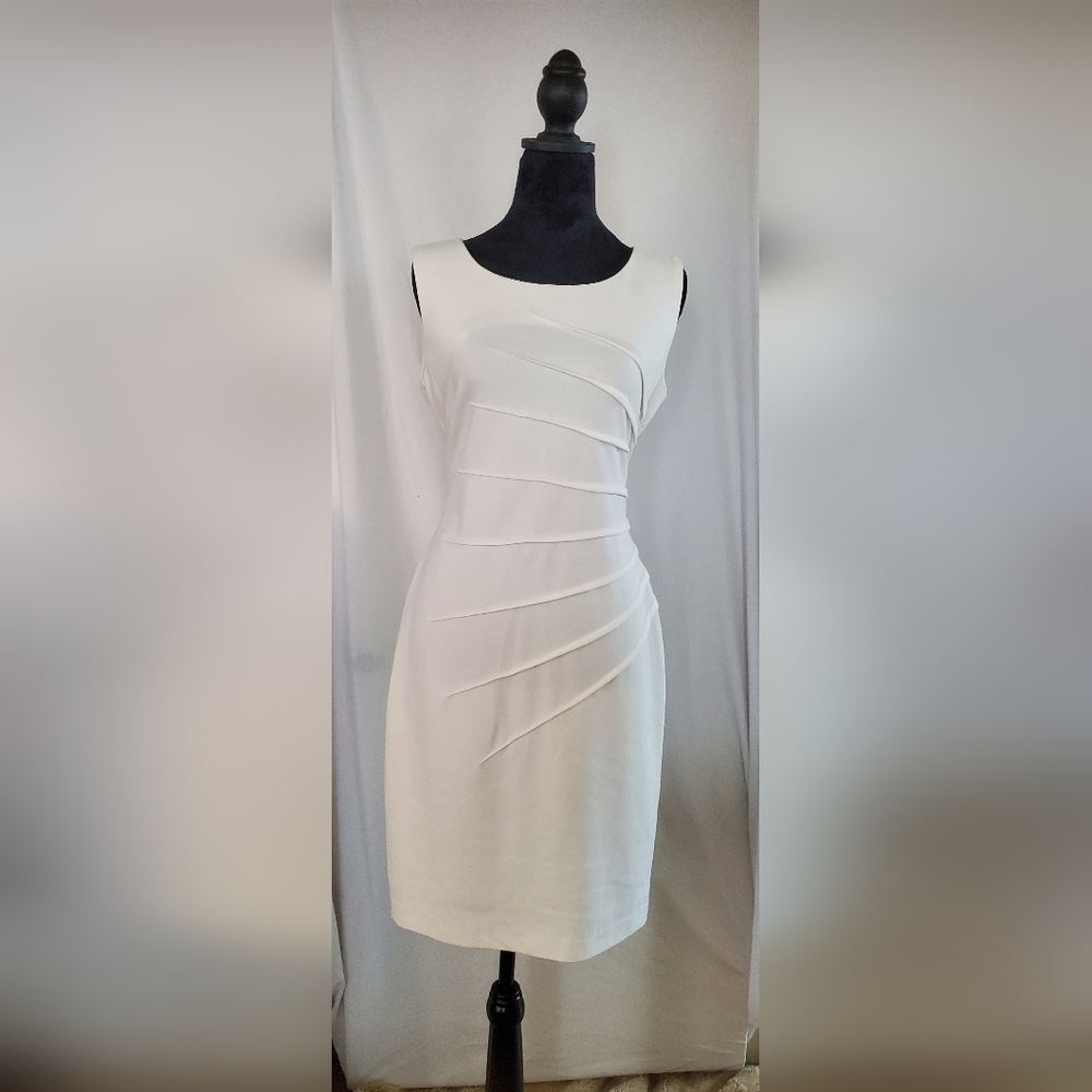 Calvin Klein White Pleated One Shoulder Sheath Dress